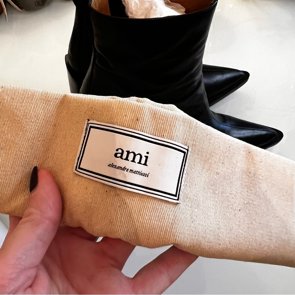 AMI | Alexandre Mattiussi Sleek Black Staked Heeled Leather designer ankle Boots - Picture 6 of 16